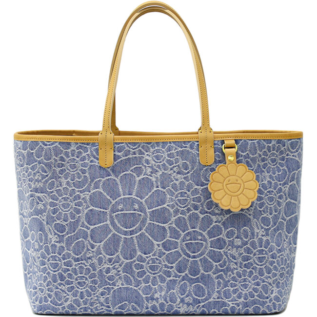 Flowers & Skulls Jacquard Denim Leather Tote bag / Light blue