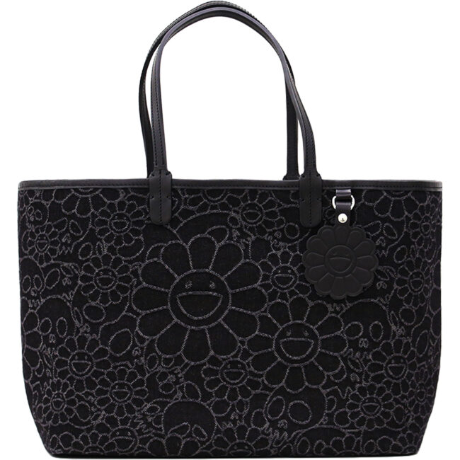 Flowers & Skulls Jacquard Denim Leather Tote bag / Black