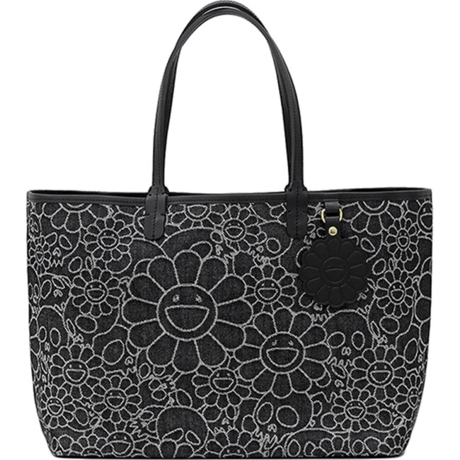 Flowers & Skulls Jacquard Denim Leather Tote bag / Black×White